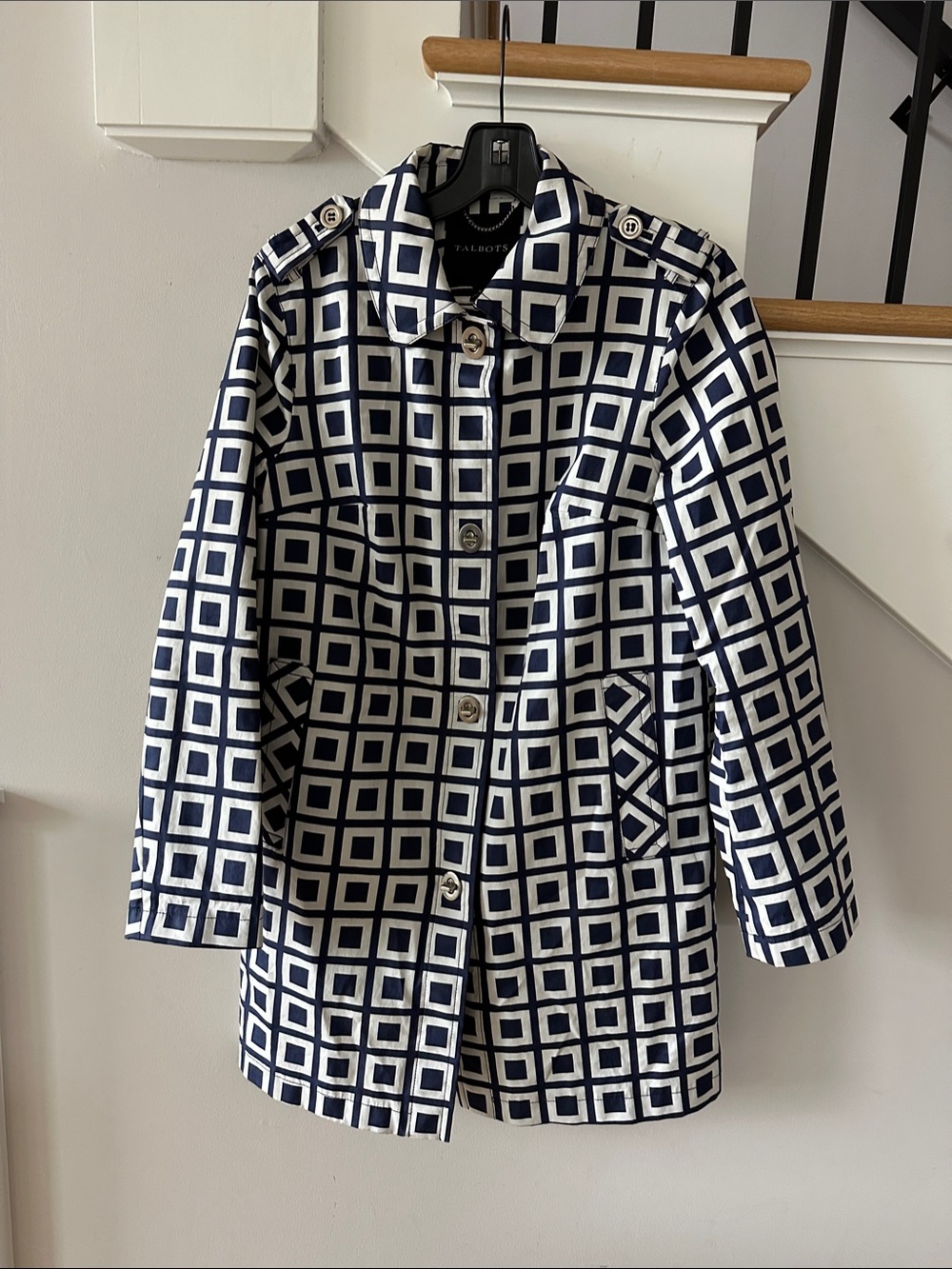 Talbots Navy & White Geometric Trench Coat
